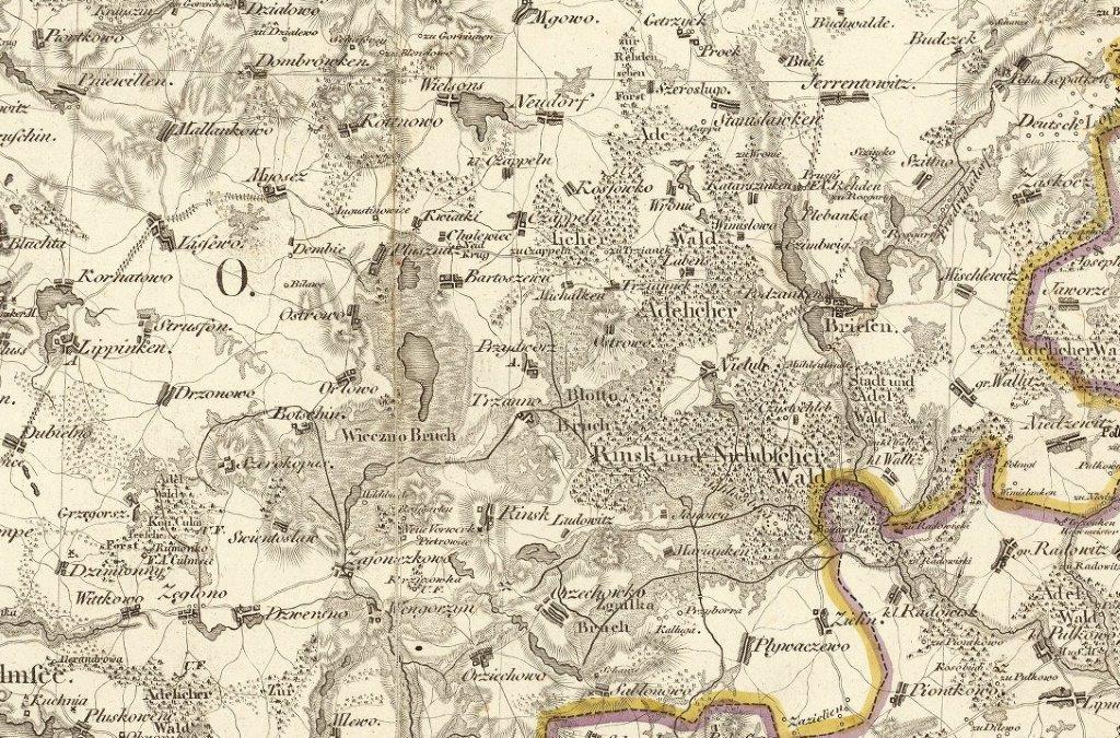 Mapa Prus Kr&oacute;lewskich Friedricha Schroettera z&nbsp;XVIII wieku, z&nbsp;miejscowościami wchodzącymi w&nbsp;skład dzisiejszej Gminy Ryńsk